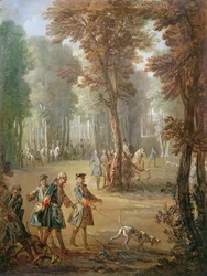 Luigi XV (1710-74) e il suo Bloodhound a Puys, cartone per un arazzo, 1738